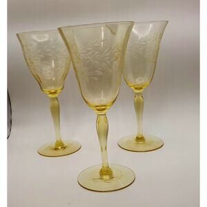 3 Elegant Tiffin-Franciscan Etched Wine Glasses Mandarin Yellow Topaz‎ Gold